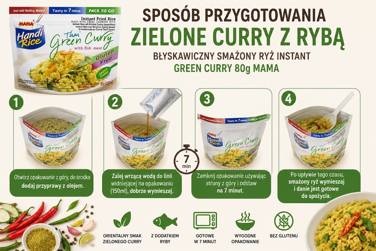 Przygotowanie: Błyskawiczny Smażony Ryż Instant Zielone Curry z Rybą Green Curry 80g MAMA
